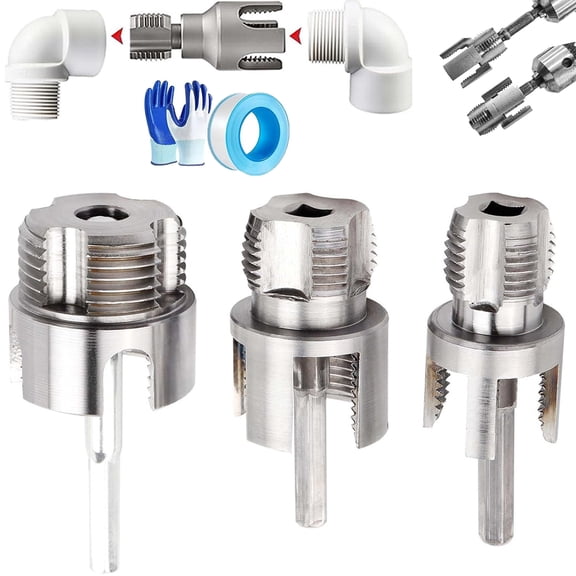 4 in 1 Water Pipe Wrench, Pipe Tapping and Threading Tool, Integrated Internal & External Pipe Threading Tool for 1/2'' & 3/4'' Pipes, Electric Drill Compatible PVC Threader(1/2''+3/4''+1'')