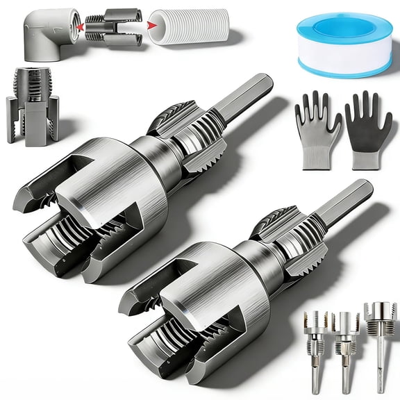 4 in 1 Water Pipe Wrench, Universal 4 in 1 Water Pipe Threader Set, 1/2'' 3/4'' 1'' Pipes Tapping and Threading Tool Fits All Threads, Opener Compatible Electric Drill (3/4"+1'')