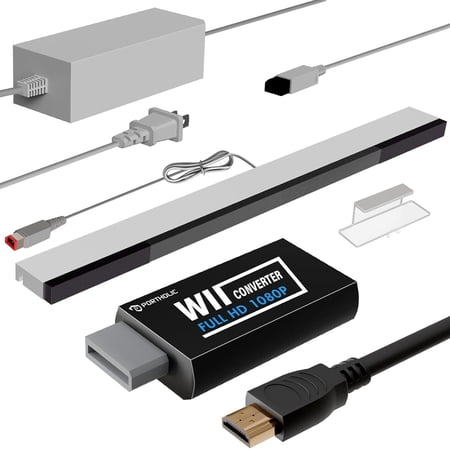 4 in 1 Wii Replacement Cables Set, PORTHOLIC Wii AC Power Adapter + Wii to hdmi Converter+ Wired Motion Sensor Bar and Composite Audio Video Cable for Nintendo Wii