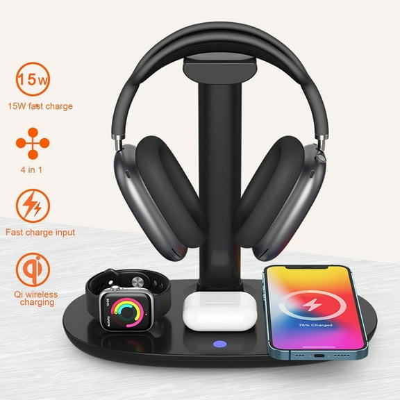 4 in 1 Wireless Charger 15w Headphone Stand for Pods Max/Pro/2/3 iWatch 7/6/SE/5/4/3/2 Phone 15/14/13/12/11/XS/XR/X, Removable Design Headset Holder