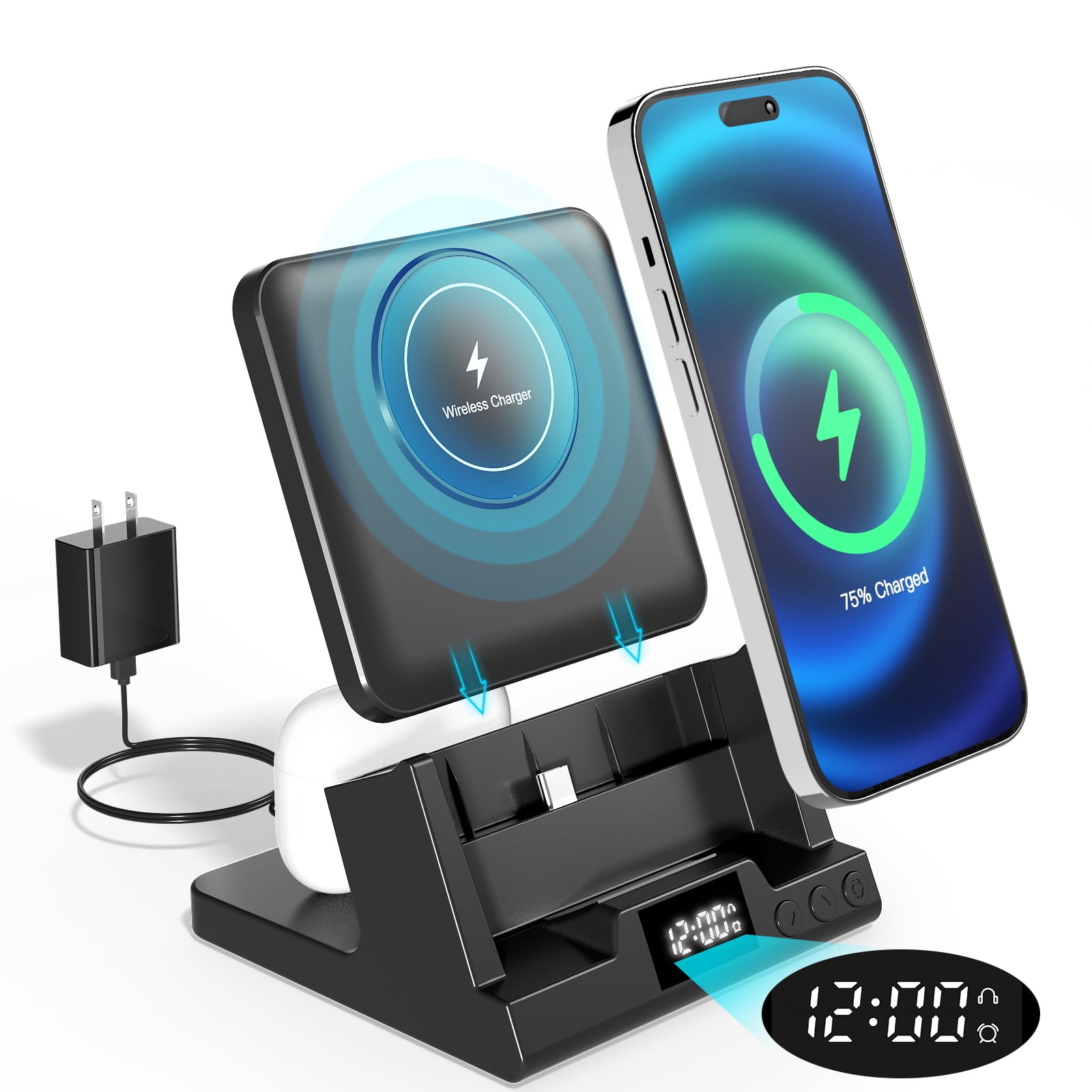 4 in 1 Wireless Charger with Alarm Clock, 15w Fast Charging Station for