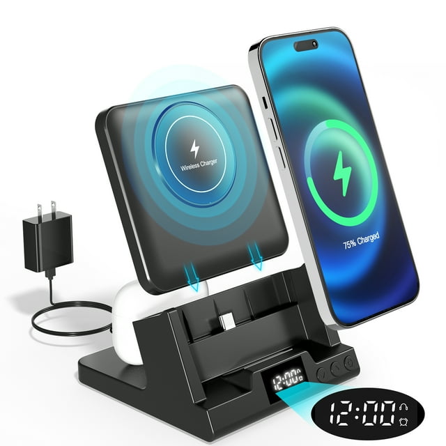 4 in 1 Wireless Charger with Alarm Clock, 15w Fast Charging Station for
