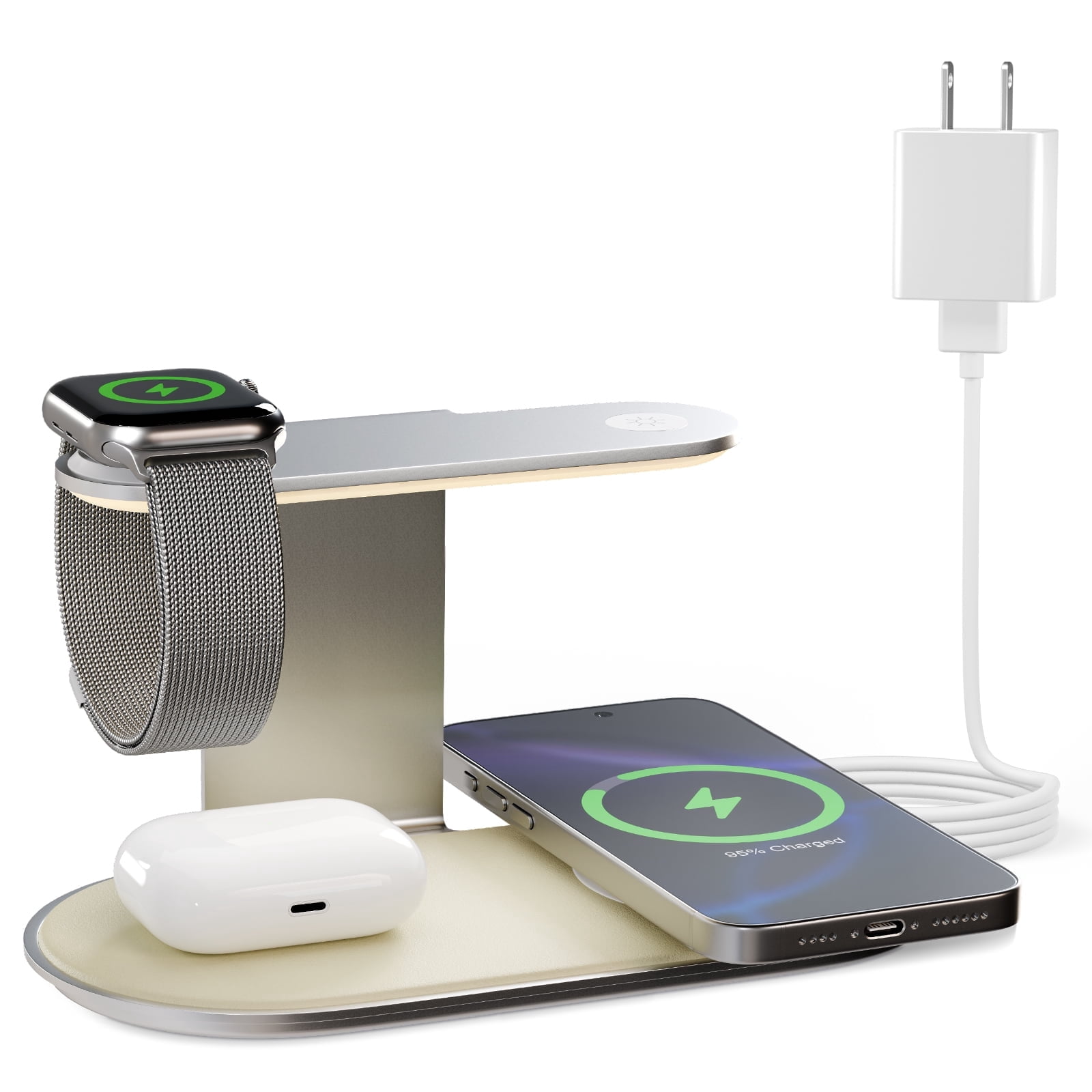 4 in 1 Wireless Charger,Charging Station with Soft Night Light,15W Max Fast Charging Holder for iPhone 17 16 15 14 13 12,for iWatch Series,for AirPods,ideal for home and travel,Silver Charging Dock
