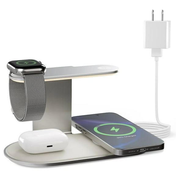 4 in 1 Wireless Charging Stand for iPhone 16 15 14 13 12 11 8 X SE, for iWatch Series, for AirPods Series, Compatible with Samsung Series, Fast Wireless Charger with Adjustable Night Light (White)