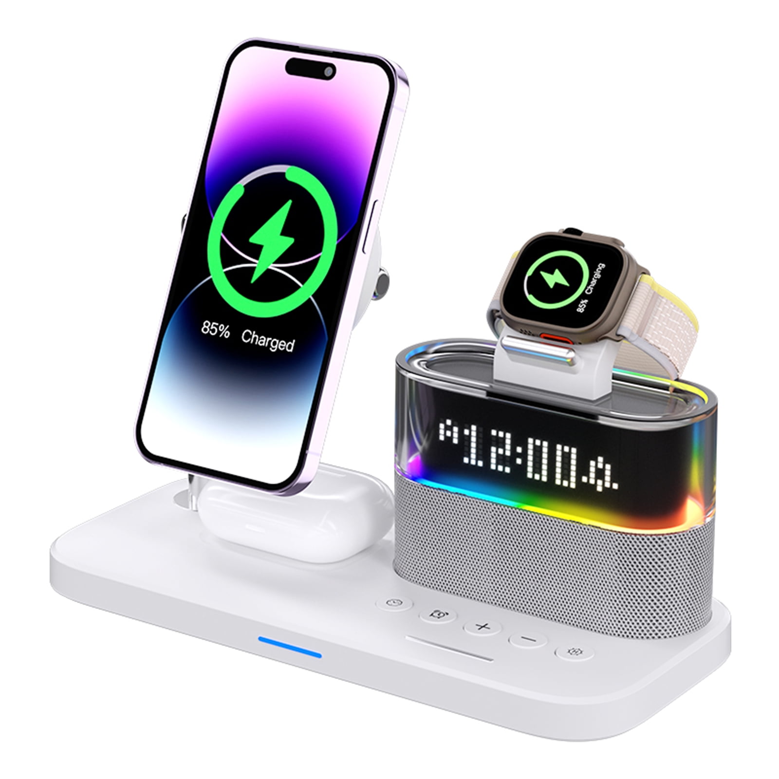 4 in 1 Wireless Charging Station Alarm Clock, Charging Dock for Apple Devices, Charger Stand for iPhone 16 15 14 13 12 11 Pro Max for Apple Watch & AirPods
