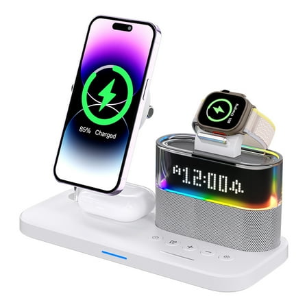 4 in 1 Wireless Charging Station Alarm Clock, Charging Dock for Apple Devices, Charger Stand for iPhone 16 15 14 13 12 11 Pro Max for Apple Watch & AirPods