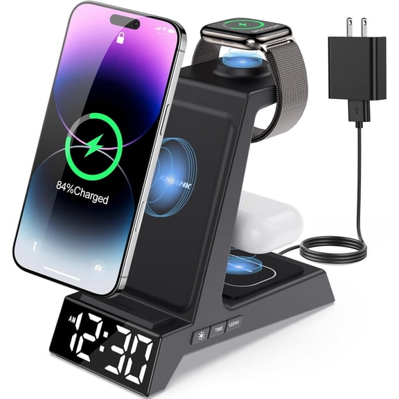 4 in 1 Wireless Charging Station Alarm Clock, Charging Dock for Apple Devices, Charger Stand for iPhone 17 Air 16 15 14 13 12 Series for Apple Watch 11 10 9 8 7 6 5 UItra/SE & AirPods, Dimmable