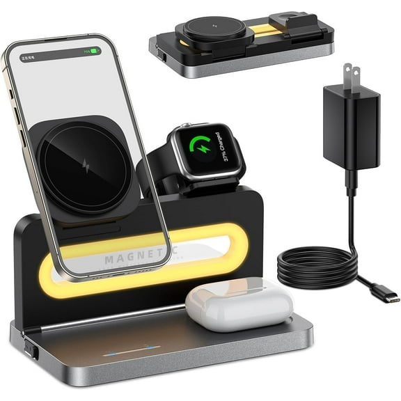 4 in 1 Wireless Charging Station for Apple MagSafe,Magnetic Foldable Wireless Charger Stand for iPhone 16 15 14 13 12,Watch, AirPods  15W Fast Nightstand Charging Dock with Light for Multiple Device