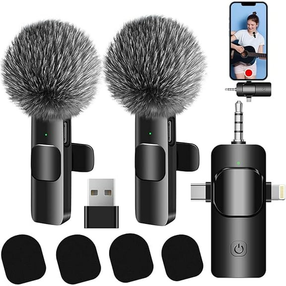 4 in 1 Wireless Lavalier Microphone for iPhone/USB C Android/Camera/Laptop PC,Mini Microphone 2.4G Ultra-Low Delay with Noise Reduction Cordless Lapel Mics for Video Recording, Vlog, YouTube, TikTok
