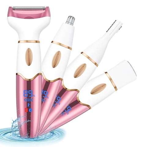 4 in 1 Women Electric Shaver Rechargeable Waterproof Razor Painless Epilator Body Hair Remover Nose Hair Beard Bikini Trimmer Eyebrow Face Facial Armpit Legs Removal Clipper Lady Grooming Groomer Kit