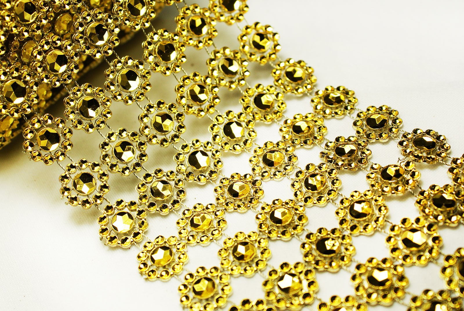 4" 1 Yard Gold Diamond Flower Mesh Wrap Roll Crystal Rhinestone Sparkle Ribbon