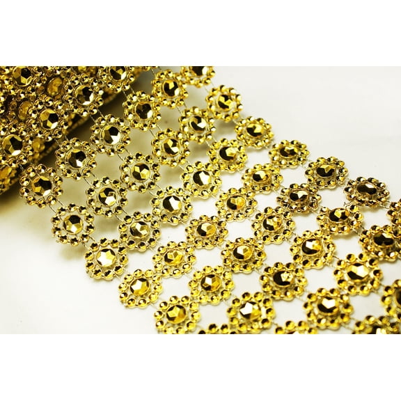 4" 1 Yard Gold Diamond Flower Mesh Wrap Roll Crystal Rhinestone Sparkle Ribbon