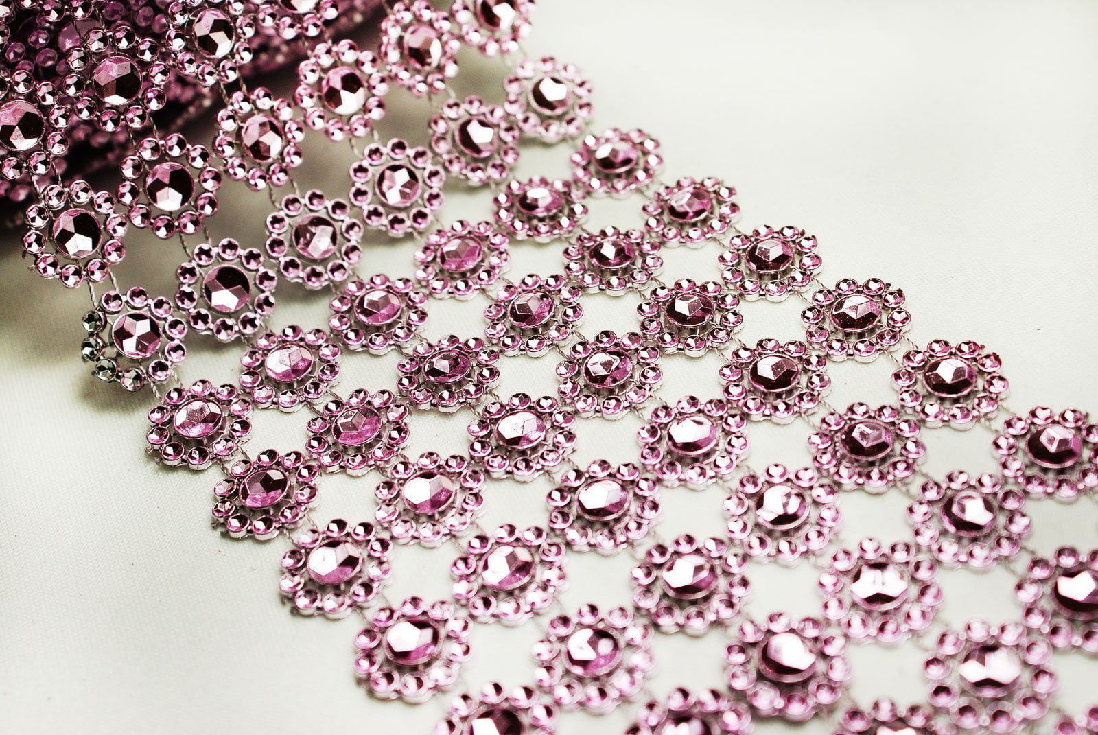 4" 1 Yard Light Pink Diamond Flower Mesh Wrap Roll Crystal Rhinestone Sparkle Ribbon
