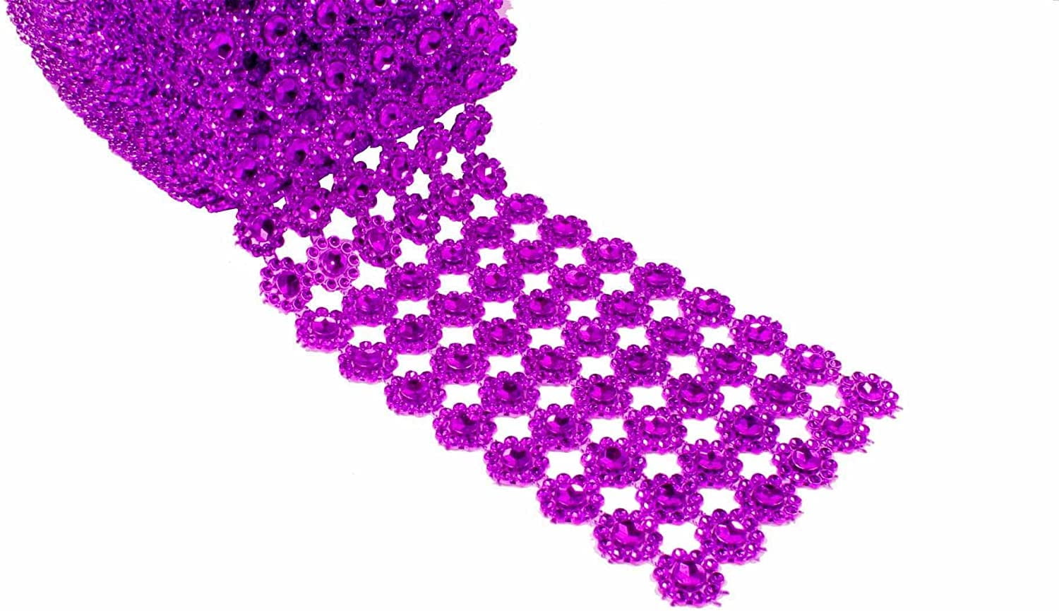 4" 1 Yard Purple Diamond Flower Mesh Wrap Roll Crystal Rhinestone Sparkle Ribbon