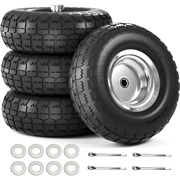 4.10 3.50-4 Tire and Wheel, 10 Inch Flat Free Tires 4 Pack with 5/8” Axle Bore Hole and Double Sealed Bearings, for Dolly Tires/Hand Truck Tires/Dump Cart Tires