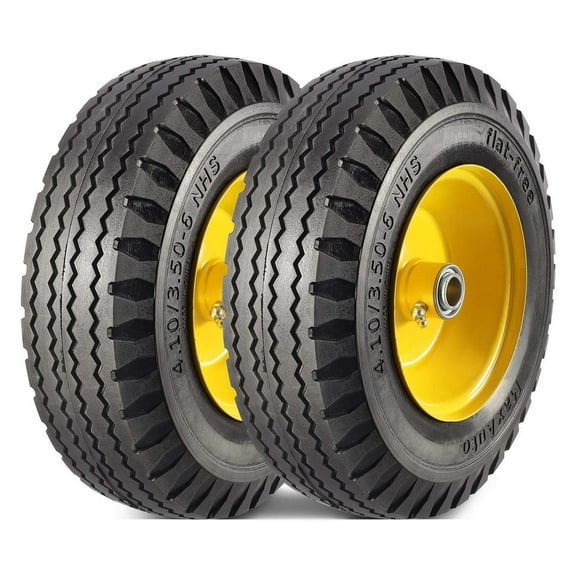 4.10/3.50-6" Flat Free Tire Replacement for Mower, Hand Truck/All Purpose Utility Tire on Wheel, 3"-3.5''-4.0''-4.5'' Centered Hub, 3/4" Bearings, Yellow Steel (2 pack)