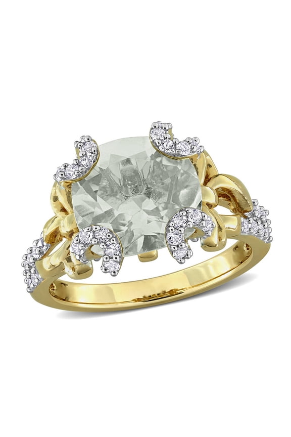 4.10 Carat (Ctw) Green Quartz and White Topaz Ring Yellow Sterling Silver for Women