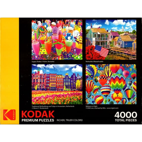 4 1000 Piece Puzzles: Sugary Shakes, Nantucket MA, Traditional Old Buildings and Tulips in Amsterdam, Balloons in Flight