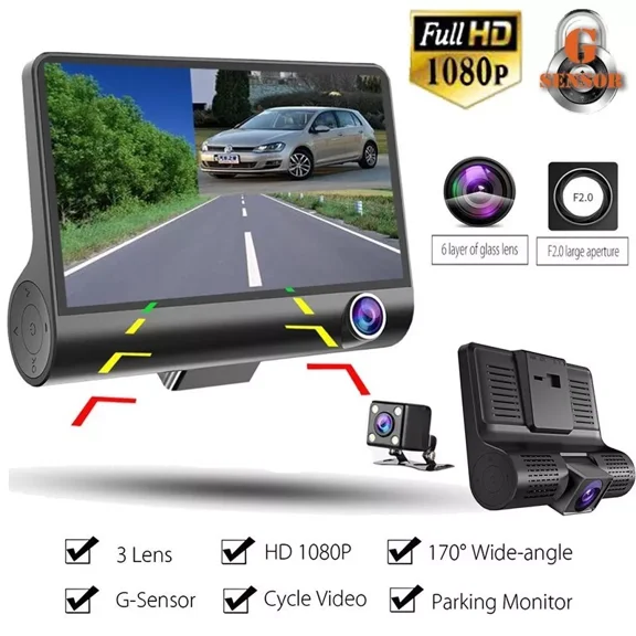 4'' 1080P HD 3 Lens Car DVR Video Dash Cam Camera Night Vision + Rearview Camera