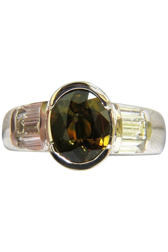 4.10CT NATURAL FANCY OLIVE COLOR SAPPHIRE DIAMOND RING 14KT