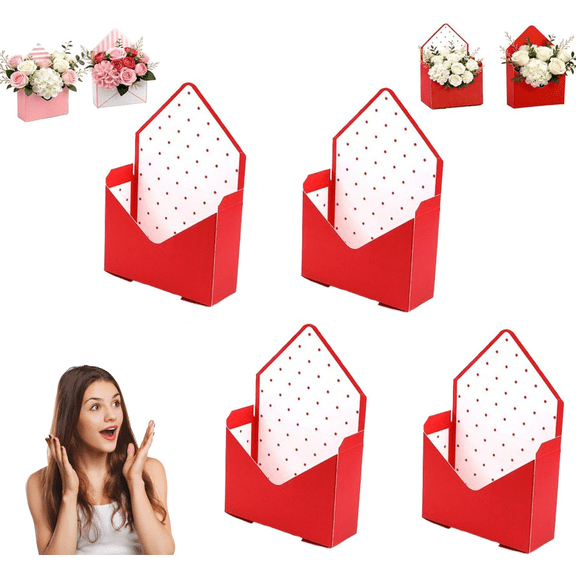 4/10PCS Valentine Envelope Boxes, Florist Bouquet Envelope Boxes, Red Valentines Day Envelope Gift Box for Wedding Birthday Party Arrangements , Valentine's Day Open Gift Basket Box(4PCS D)