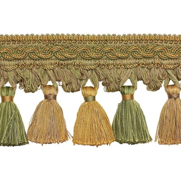 4" (10cm) Imperial Collection Beautiful Scroll Header and Scalloped Tassel Fringe Trim # TFB1,, Beige Green Gold #1755 (Yellow Gold, Light Beige, Olive Green) Sold By The Yard (36"/3 ft/0.9m)