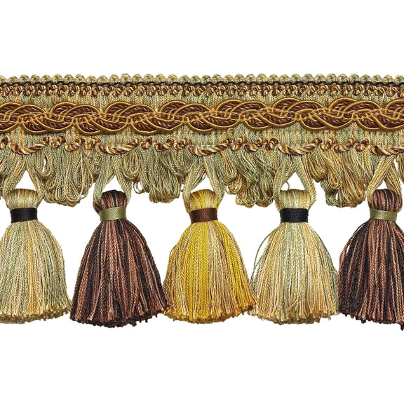 4" (10cm) Imperial Collection Beautiful Scroll Header and Scalloped Tassel Fringe Trim # TFB1,, Golden Beige Brown #5207 (Light Brown, Dark Beige, Dark Gold) 5 Yards (15 ft/4.5m)