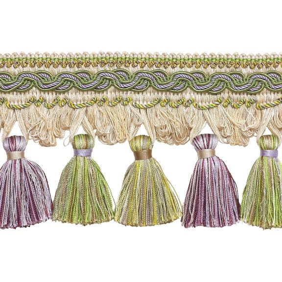 4" (10cm) Imperial Collection Beautiful Scroll Header and Scalloped Tassel Fringe Trim # TFB1,, Sage Lilac Purple #8426 (Lavender Purple, Periwinkle Blue, Sage Green) Sold By The Yard (36"/3 ft/0.9m)