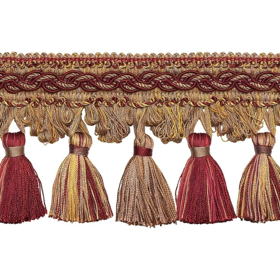 4" (10cm) Imperial Collection Beautiful Scroll Header and Scalloped Tassel Fringe Trim # TFB1,, Taupe Burgundy Red #8612 (Burgundy Red, Taupe Beige, Dark Red) 5 Yards (15 ft/4.5m)