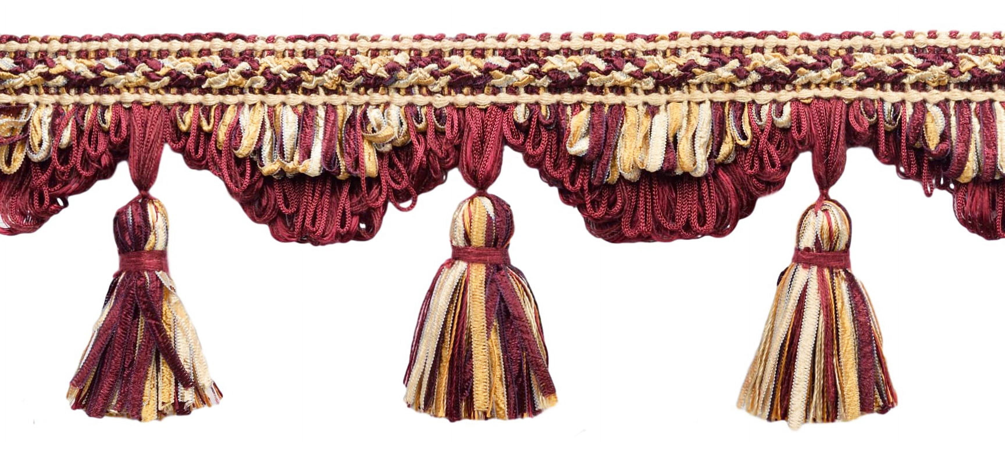 4" (10cm) Large Fancy Ribbon Tassel Fringe Trim with Scallop design # RTF0400,, Gold Blood Red #8301 (Dark Red, Beige Gold, White Gold) 27 Yards (82 ft/25m)