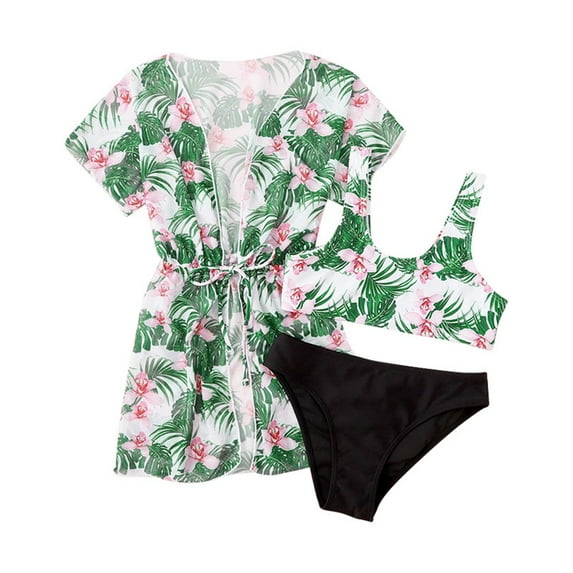 4-12 Years Girl's 3 Piece Bathing Suits Cute Floral Bikini Swimsuit with Cover Up