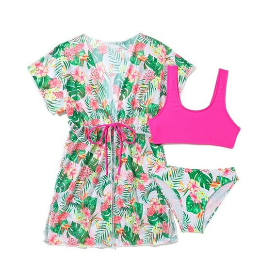 4-12 Years Girl's 3 Piece Bathing Suits Cute Floral Bikini Swimsuit with Cover Up