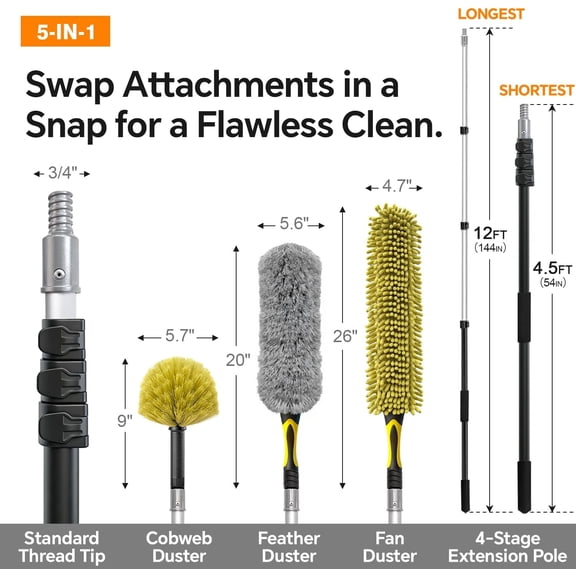4-12Ft Telescoping Extension Pole Kit, 4-in-1 High Reach Duster with Chenille Microfiber Feather & Cobweb Duster Attachments for Ceiling Wall Hard-to-Reach Indoor & Outdoor Cleaning Yellow