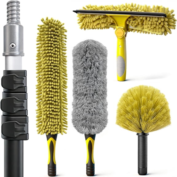 4-12Ft Telescoping Extension Pole Kit, 5-in-1 High Reach Duster with Chenille Window Squeegee Microfiber Feather Cobweb Duster for Ceiling Wall Hard-to-Reach Indoor & Outdoor Cleaning Yellow