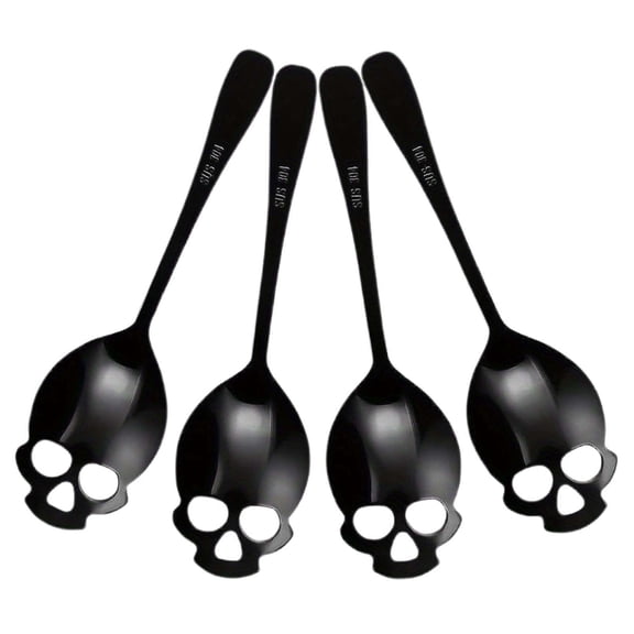 4-12PC Skull Pattern Stainless Steel Teaspoons Dinner Spoon Long-Handled Flatware Sugar Spoons for Coffee Dessert Tea Stirring Novelty Gothic Home Decor Kitchen Utensil Gift for Chefs