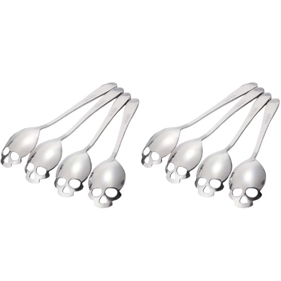 4-12PC Skull Pattern Stainless Steel Teaspoons Dinner Spoon Long-Handled Flatware Sugar Spoons for Coffee Dessert Tea Stirring Novelty Gothic Home Decor Kitchen Utensil Gift for Creepy Chefs