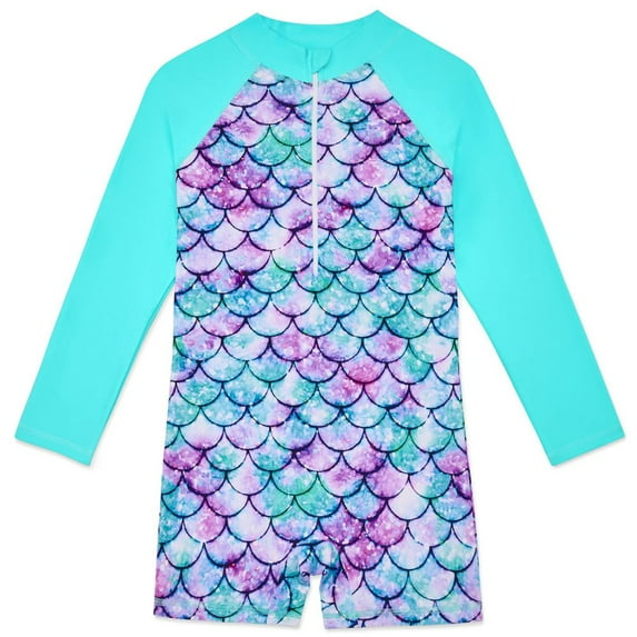 4-12T Kids Girls Mermaid One Piece Swimsuits Swimwear Long Sleeve Rash Guard Zipper Front Bathing Suit