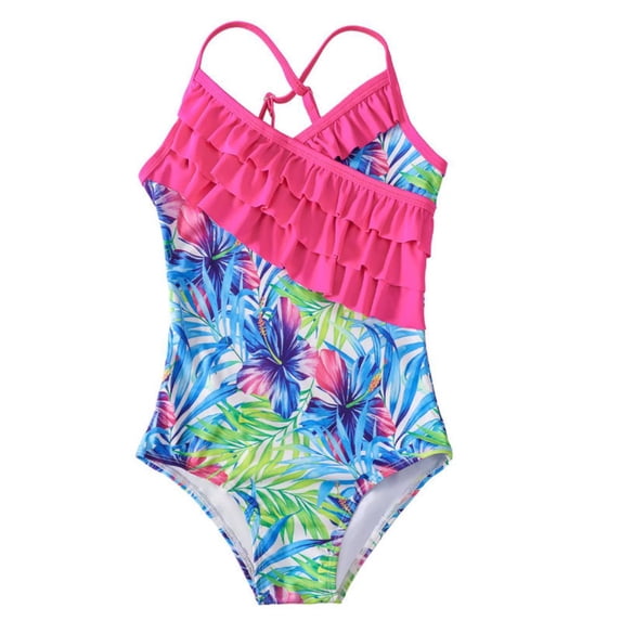 4-12T Little Big Girls UPF 50+ Halter One Piece Swimsuit Hawaiian Ruffle Swimwear Bathing Suit for Beach Surfing
