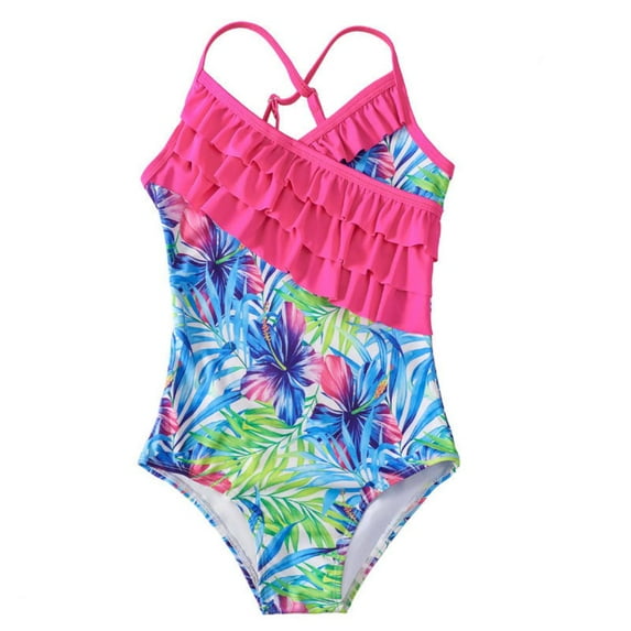 4-12Y Big Little Girls One Piece Swimsuits Hawaiian Ruffle Swimwear Beach Bathing Suit UPF 50+