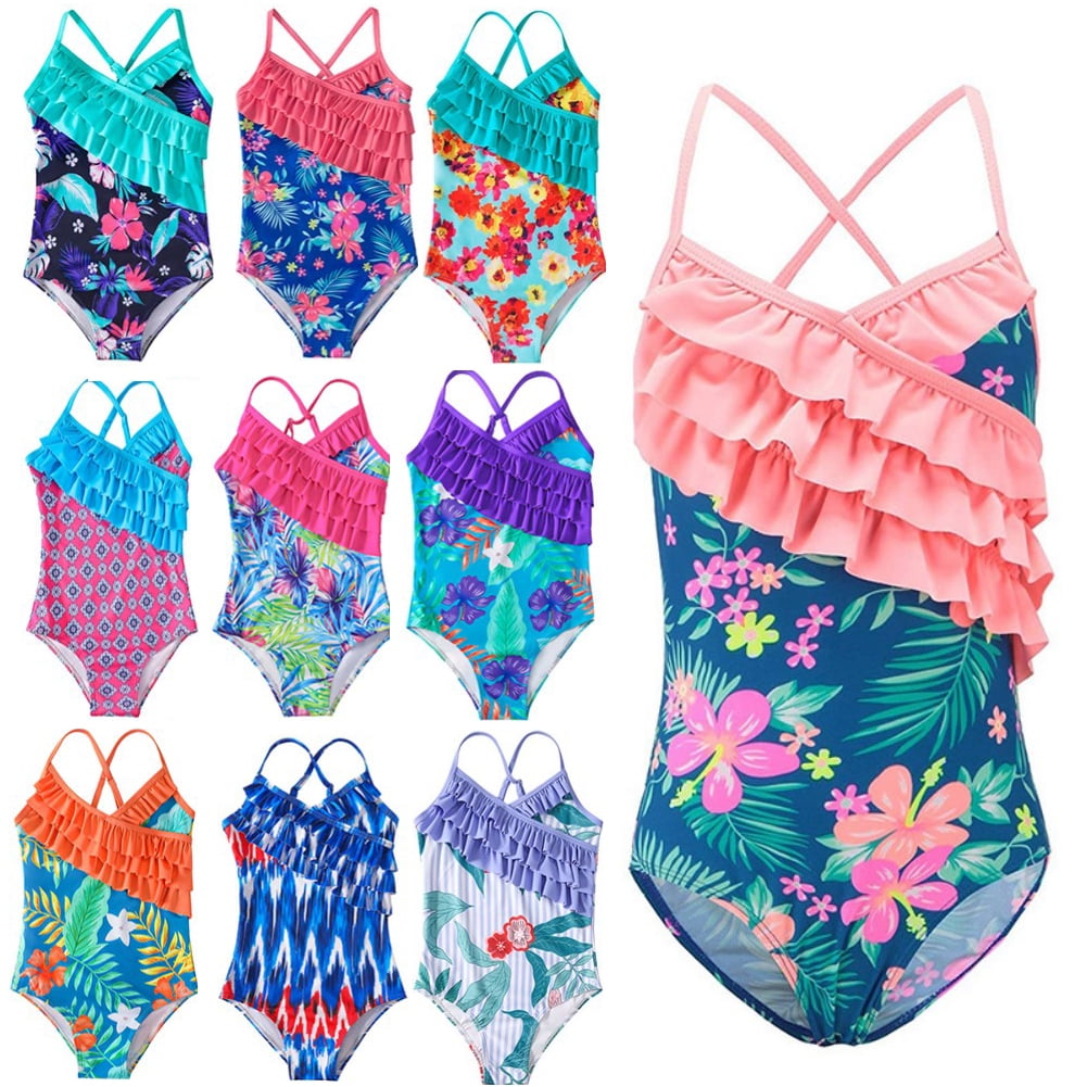 412Y Big Little Girls One Piece Swimsuits Hawaiian Ruffle Swimwear