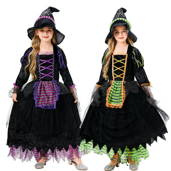 4-12Y Girls Witch Costume for Girls Kids, Fairytale Witch Halloween Costume Dress Up With Hat Party Cosplay