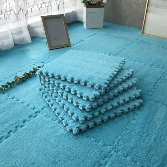4/12pcs Plush Puzzle Foam Floor Mat Soft Fluffy Interlocking Square Foam Tiles Area Rugs Carpet for Parlor Bedroom Decoration