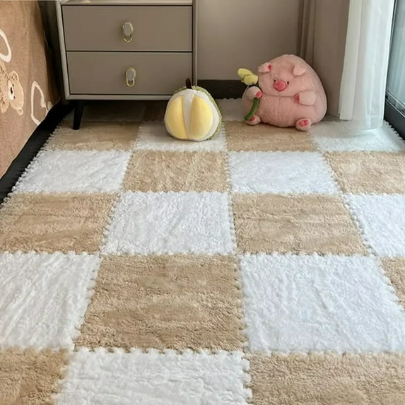 4/12pcs Plush Puzzle Foam Floor Mat Soft Fluffy Interlocking Square Foam Tiles Area Rugs Carpet for Parlor Bedroom Decoration