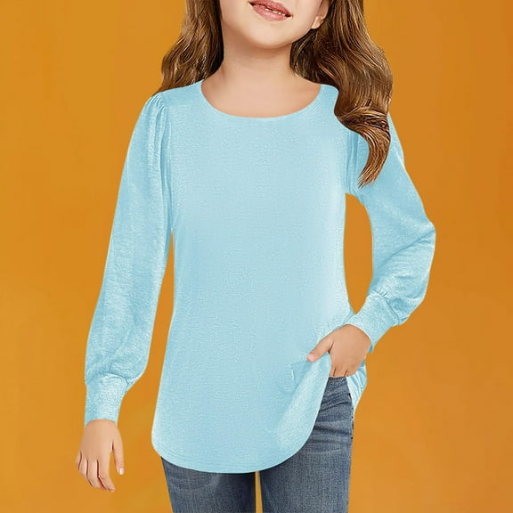 4-13 Years Boys And Girls Solid Color Casual Loose Long-sleeved Round Neck Tops shirts Family Gifts Blue 7 Years