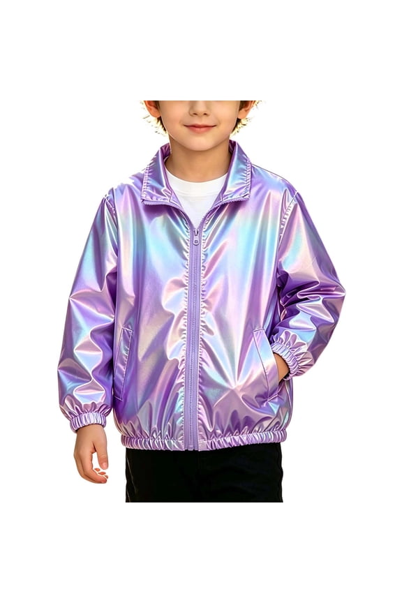 4-13 Years Kids Iridescent Gradient Zip up Jacket, Boys Girls Stand Collar Windbreaker Lightweight Holographic Glossy Casual Outerwear for Autumn Purple 12-13 Years(12-13 Years)
