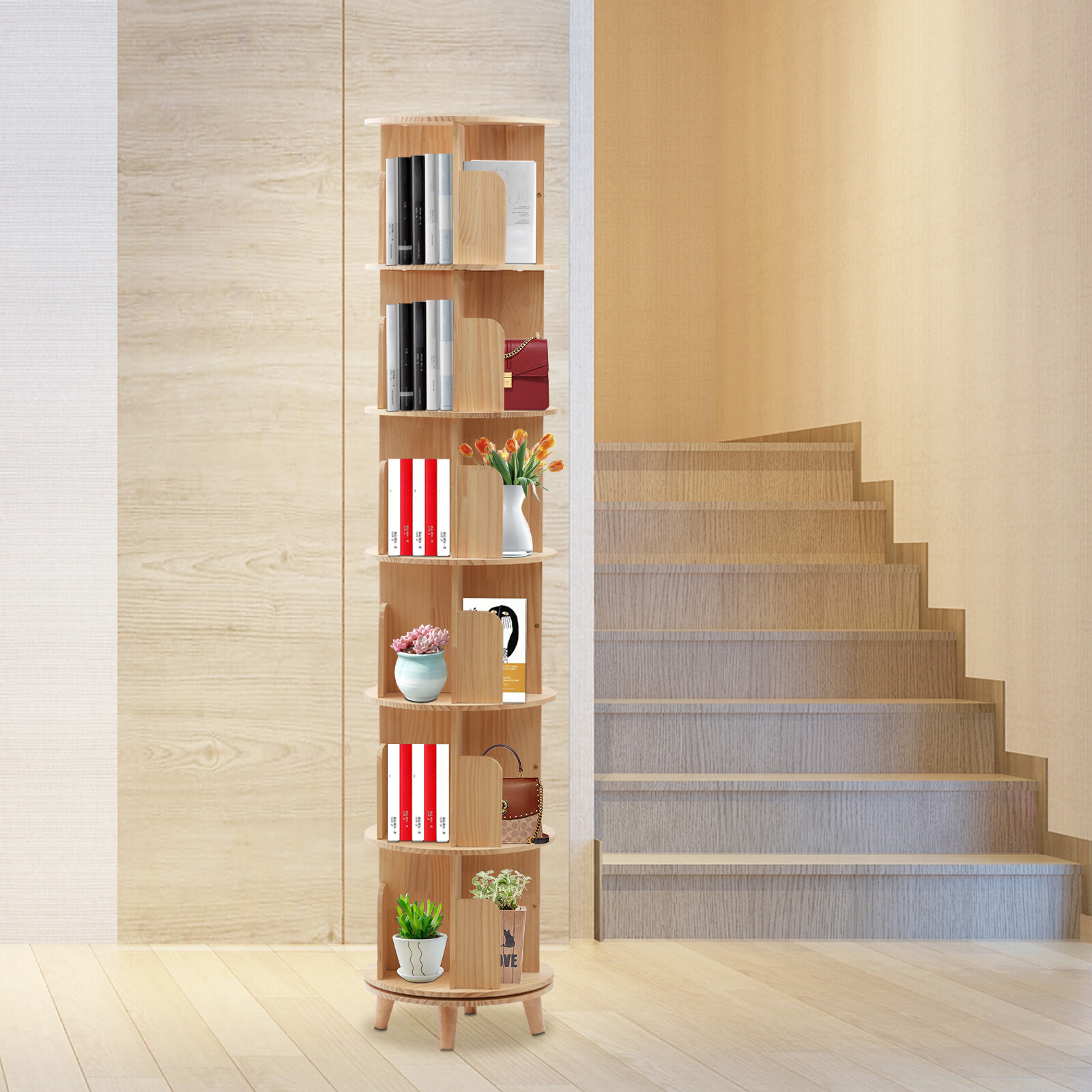 4.13in Heigh Rotating Bookshelf Cylindrical Wooden Book Rack 6 Tier ...