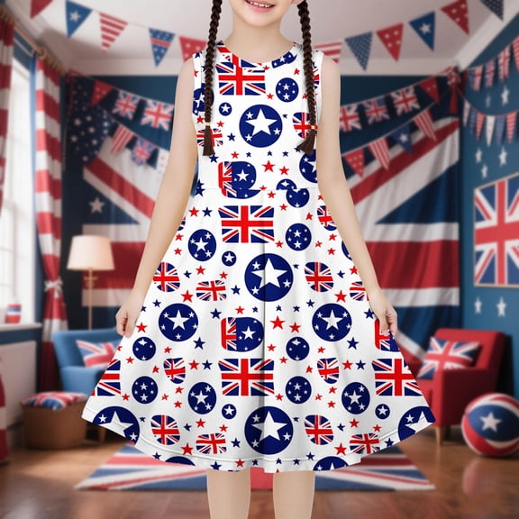 4-14 Years Girls Dress Blue Flower Print Children Clothing A Line Twirly Skater School Recital Dress Short Sleeve Round Neck Dress White 5-6 Years