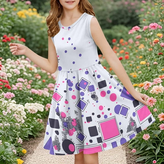 4-14 Years Girls Dresses 3D Print Round Neck A-line Swing Pleated Dress Mermaid Party Princess Birthday Dress Purple 5-6 Years