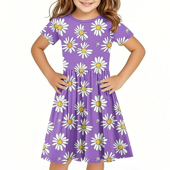 4-14 Years Girls Dresses Kids 3D Print Dress Casual Short Sleeve for Princess Summer A-line Party Dresses Purple 7-8 Years