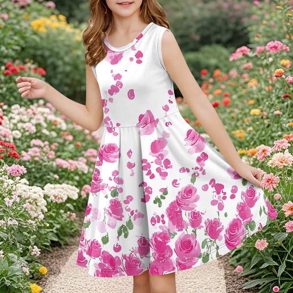 4-14 Years Girls Dresses Ruffle Sleeves Summer Kids Cotton Casual Dress Round Neck Sleeveless Party Swing Festive Dress for Girls Pink B 5-6 Years